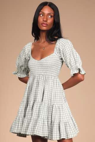 Sweet Outings Sage Green Gingham Puff Sleeve Mini Dress