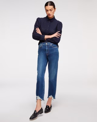 High Waist Cropped Straight with Long Side Hem