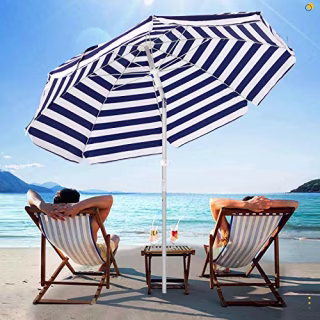 SERWALL 6.5FT Beach Umbrella UV 50+ Outdoor Portable Sunshade Umbrella with Sand Anchor, Push Button Tilt and Carry Bag for Patio Outdoor Garden Beach (Navy-White Stripe)