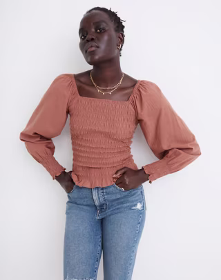 Lucie Bubble-Sleeve Smocked Top