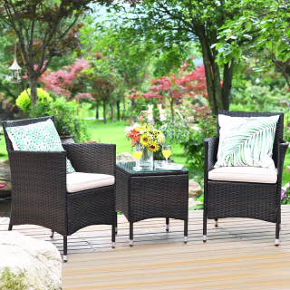 Costway Outdoor 3 PCS PE Rattan Wicker Furniture Sets Chairs Coffee Table Garden