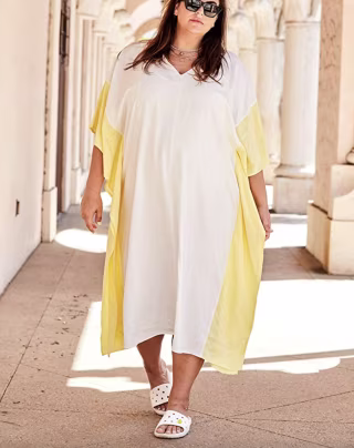 Ivory Colorblock V-Neck Kaftan Maxi Dress