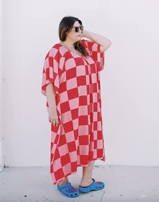 Checkboard Print V-Neck Kaftan Maxi Dress