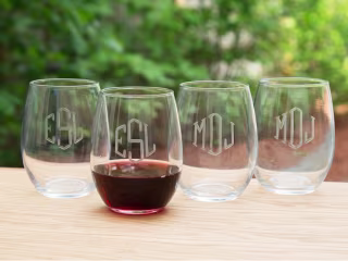 Susquehanna Glass Company Hand Cut Monogram Stemless Wine Glass - Set of 4