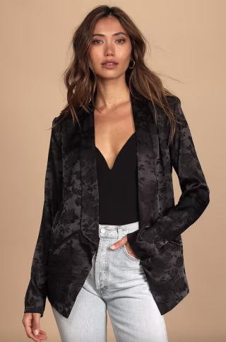 Miss Punctuality Black Satin Jacquard Lightweight Blazer