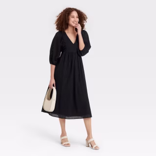Balloon 3/4 Sleeve Eyelet Dress