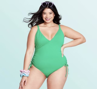 Women's Deep V-Neck Green One Piece Swimsuit