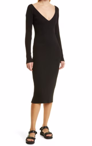 Plunge Neck Long Sleeve Ribbed Dress
