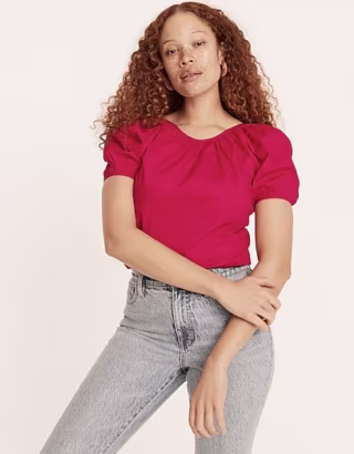 V-Back Puff-Sleeve Stretch Cotton Poplin Top