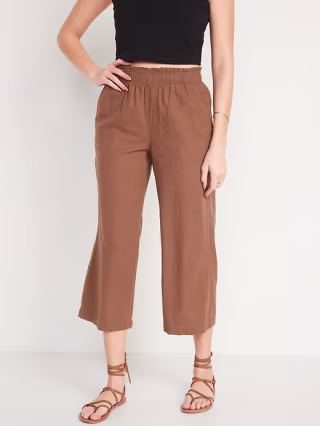 High-Waisted Lettuce-Edge Linen-Blend Culotte Pants for Women