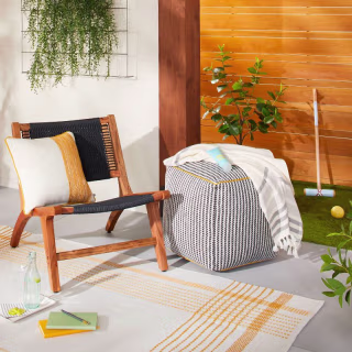 Ticking Stripe Indoor/Outdoor Ottoman Pouf Dark Gray/Gold - Hearth & Hand(TM) with Magnolia