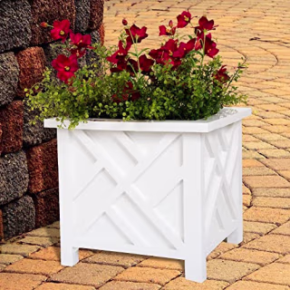 Planter Box - Decorative Outdoor Garden Box for Potted Plants or Flowers - Square Lattice Design - Front Porch and Patio D?cor By Pure Garden (White)