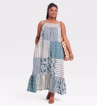 Women's Blue Patchwork Sleeveless Tiered Dress
