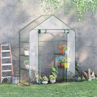 Outsunny 6' L x 8' W x 7' H Outdoor Walk-In Tunnel Greenhouse with 3-Levels of Shelving, Roll-up Door, &amp; Weather Cover