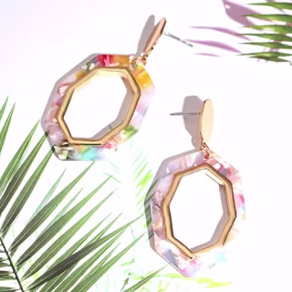 Isaloe Acrylic Earrings Bohemian Women's Metallic Octagon Resin Hoop Drop Earrings Dangle (Floral)