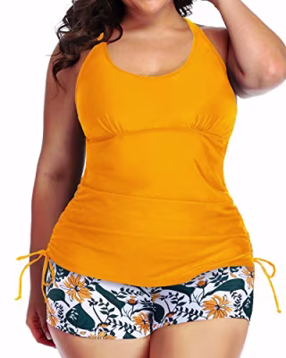 Yonique Women Plus Size Tankini Swimsuit Geometric Bathing Suit Top with Shorts Athletic 2 Piece Swimwear Yellow L