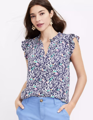 Bird Ruffle Split Neck Shell