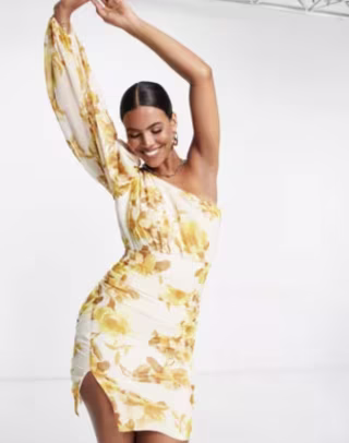 One-shoulder dress in yellow floral print