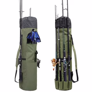 Allnice Durable Canvas Fishing Rod & Reel Organizer Bag Travel Carry Case Bag- Holds 5 Poles & Tackle (Khaki Green)