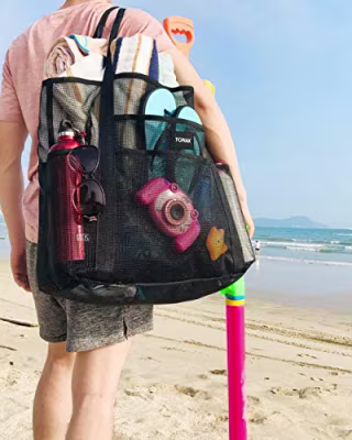 Mesh Beach Bag Tote Bag Grocery Storage Bag Oversized Big XL with Pockets Big Large Foldable Lightweight for Family Pool Black Color