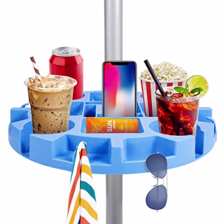 Keten 17" Beach Umbrella Table Tray with 4 Cup Holders, 4 Snack Compartments, 4 Sunglasses Holes, 4 Phone Slots, 4 Towel Hooks, Umbrella Table for Beach, Patio, Garden, Swimming Pool, Blue