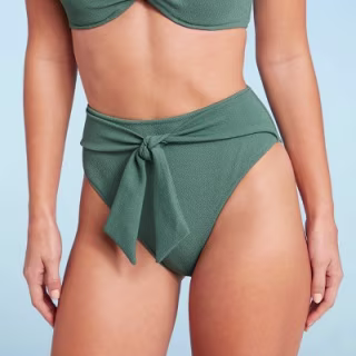 Women's Crepe Textured Tie-Front High Waist High Leg Extra Cheeky Bikini Bottom - Shade &amp; Shore(TM) Cactus Green
