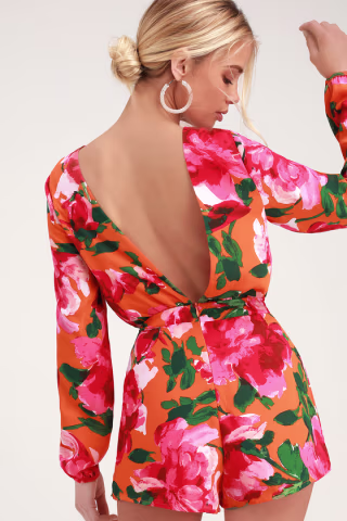 Lulus Sweetest Song Orange Floral Print Backless Long Sleeve Romper