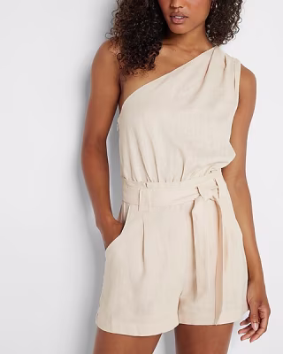 Linen-Blend One Shoulder Belted Waist Romper