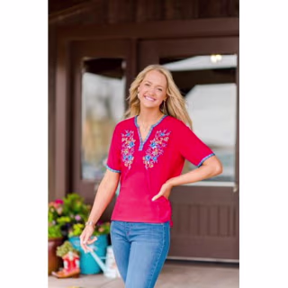 Notch Neck Embroidered Top with Short Sleeves
