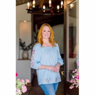 Square Neck Blouse with 3/4-Length Embroidered Sleeves