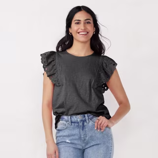 LC Lauren Conrad Petite LC Lauren Conrad Eyelet Ruffle Top, Women's, Size: Large Petite, Natural - Size: L Petite