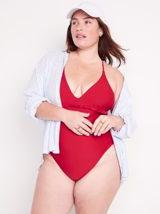 Old Navy V-Neck Ruffle-Trim Cutout One-Piece Swimsuit