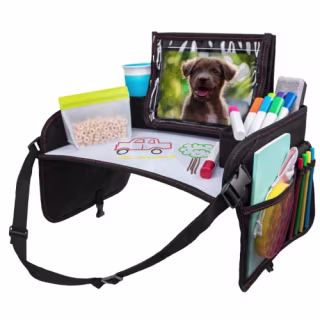 Lusso Gear Kids Travel Tray with Dry Erase Board, Road Trip Essentials Kids, No-Drop Tablet Holder, Lap Desk, Cup Holder, Toddler Toy Storage, Fits Airplane and Booster Seat (Black w Red Stitch)