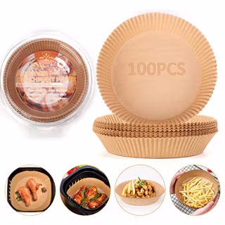 Macood Air Fryer Disposable Parchment Paper 6.3 Inch 100 PCS Oil-proof, Water-proof, Non-stick Non-stick Unbleached Food Grade Paper for Air Fryers/Baking/Cooking/Steaming Basket(Brown)