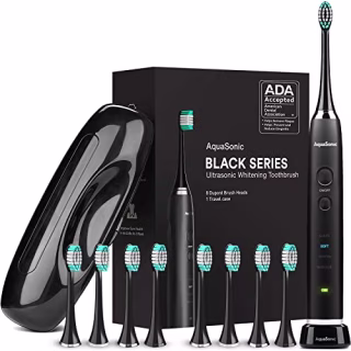 AquaSonic Black Series Ultra Whitening Toothbrush - ADA Accepted Electric Toothbrush - 8 Brush Heads & Travel Case - Ultra Sonic Motor & Wireless Charging - 4 Modes w Smart Timer - Sonic Electric