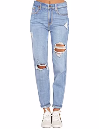 GRAPENT High Waisted Ripped Mom Jean