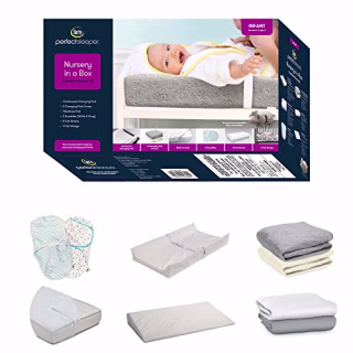 Serta 9-Piece Nursery-in-a-Box Newborn Baby Gift Set for Boys and Girls - Set Includes 2 Swaddles, Changing Pad, 2 Changing Pad Covers, 2 Crib Sheets, Crib Mattress Pad and Crib Wedge, White/Grey