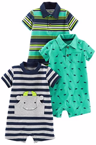 Simple Joys by Carter's Baby Boys' Rompers, Pack of 3, Grey/Navy/Blue, Stripe/Dinosaur, 6-9 Months