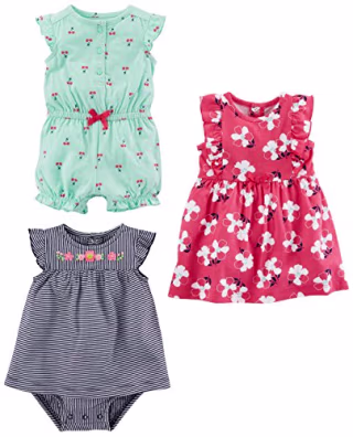 Simple Joys by Carter's Baby Girls' Romper, Sunsuit and Dress, Pack of 3, Mint Green/Navy/Pink, Floral/Stripe/Cherry, 3-6 Months