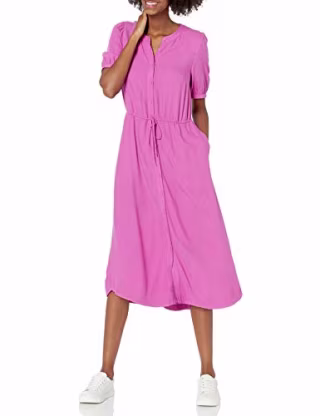Amazon Essentials Women's Half-Sleeve Waisted Midi A-Line Dress, Navy, Medium