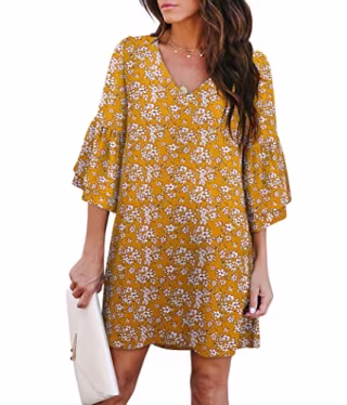 BELONGSCI Women's Dress Sweet & Cute V-Neck Bell Sleeve Shift Dress Mini Dress