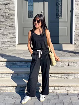 PRETTYGARDEN Women's Casual Solid Sleeveless Jumpsuit Crewneck Drawstring Waist Stretchy Long Pants Romper(A-black,Large)
