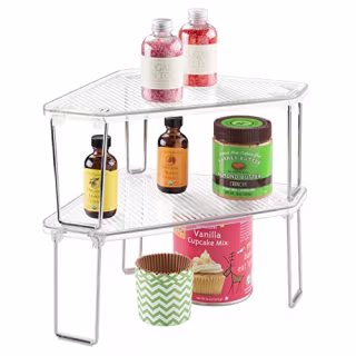 mDesign Plastic/Steel Freestanding Foldable Corner Stackable Organizer Shelf for Kitchen, Counter, Pantry, Cabinet Storage, Holds Plates, Dishes, Ligne Collection, Clear