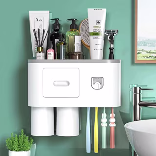 Toothbrush Holder Wall Mounted, Automatic Toothpaste Dispenser Squeezer Kit -Magnetic Toothbrush Holder for Bathroom and Vanity, 4 Brush Slots 2 Cups 1 Cosmetic Drawer1 Large Storage Tray by showgoca