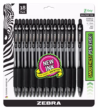 Zebra Pen Z-Grip Retractable Ballpoint Pen, Medium Point, 1.0mm, Black Ink, - 18 Pieces, Model Number: 22218
