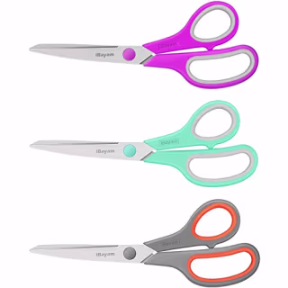 Scissors, iBayam 8" Multipurpose Scissors Bulk Ultra Sharp Shears, Comfort-Grip Sturdy Scissors for Office Home School Sewing Fabric Craft Supplies, Right/Left Handed, 3-Pack, Mint, Grey, Purple