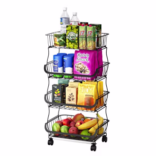 4 Tier Fruit Vegetable Storage Basket - Merysen Stackable Metal Wire Basket with Wheels, Storage Baskets with Casters, Utility Rack for Kitchen, Pantry, Bathroom, Laundry Room, Garage, Black