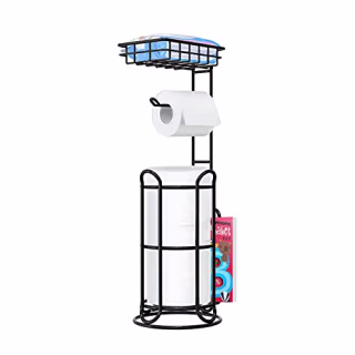 [Upgrade] Toilet Paper Holder Stand with Shelf Tissue Holders for Bathroom Free Standing Bath Tissue Roll Holder Magazine Rack for Mega Rolls/Phone/Wipe-Black