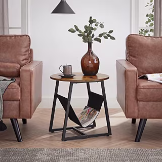 VASAGLE Round End Table with Pocket, Side Table, Coffee Sofa Table, for Living Room Bedroom, Steel Frame, Industrial Style, Rustic Brown and Black ULET281B01
