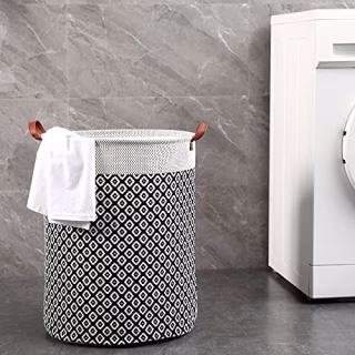 Large 2 Pack Laundry Hamper Basket, 63L Freestanding Waterproof Clothes Basket, Collapsible Round Bohemia Storage Organizer with Leather Handles for Dirty Clothes, Home Storage (Black)